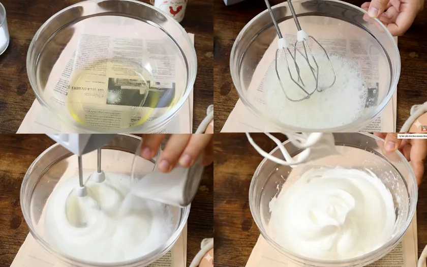 Đánh bông lòng trắng trứng đến khi tạo chóp, bóng mịn giúp bánh sâm panh nở xốp hoàn hảo
