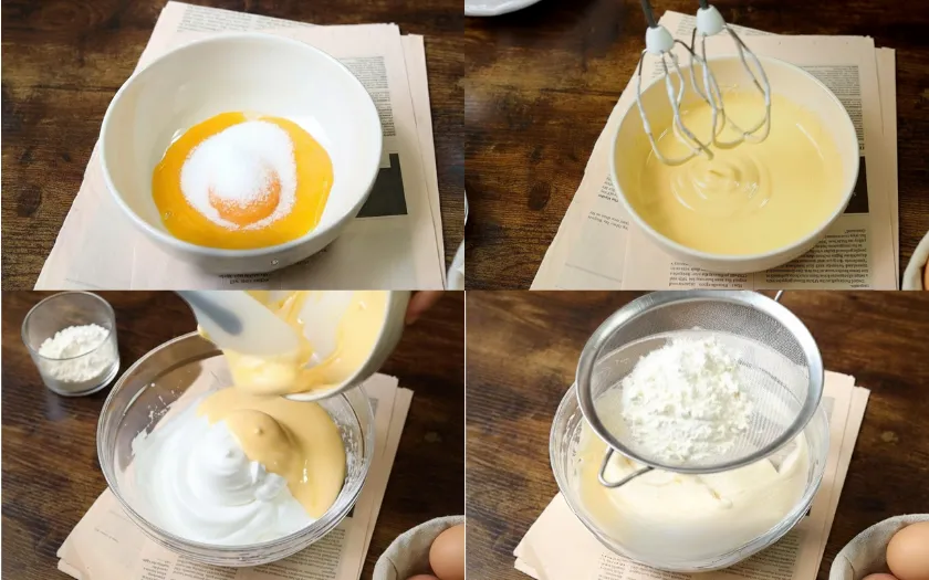 Trộn đều lòng đỏ, lòng trắng và bột mì bằng kỹ thuật fold nhẹ tay để giữ độ xốp mịn 