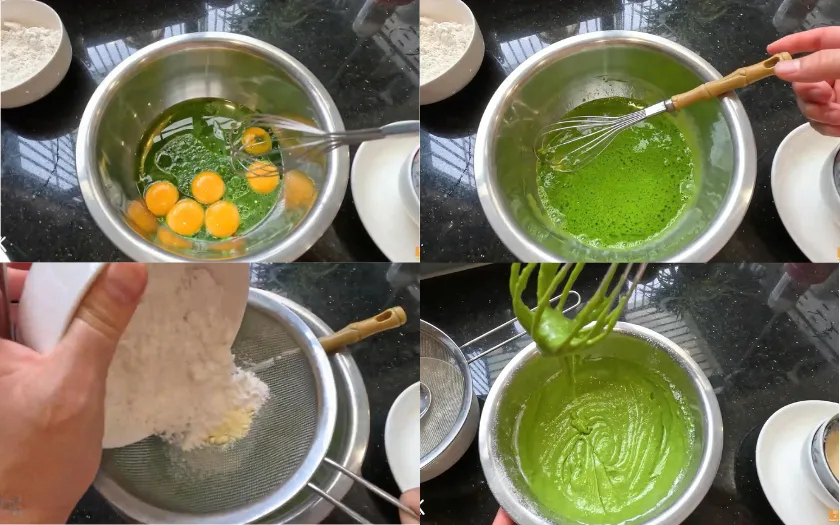 Lòng đỏ trứng trộn cùng sữa, dầu ăn, lá dứa và bột mì tạo hỗn hợp mịn