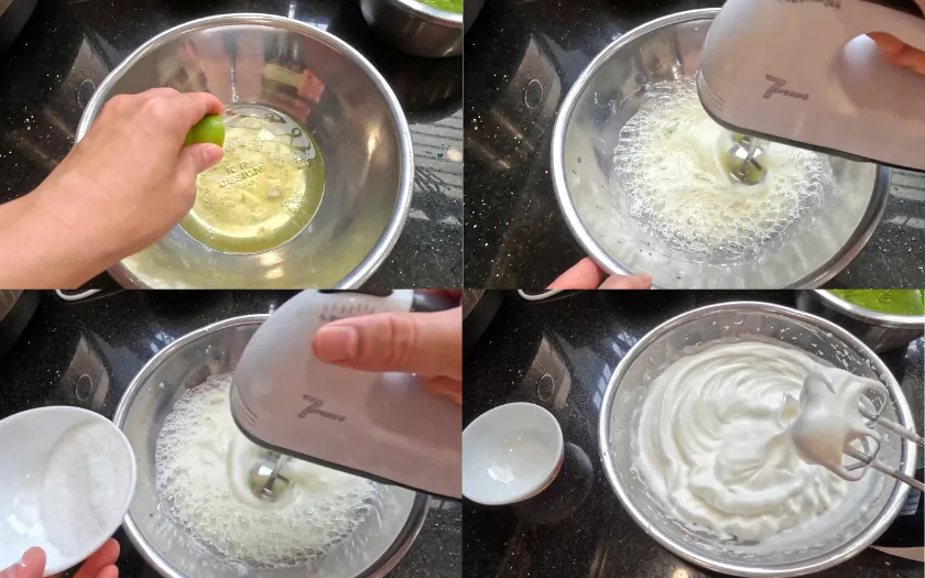 Lòng trắng trứng được đánh bông với đường và chanh đến khi tạo đỉnh chóp mịn