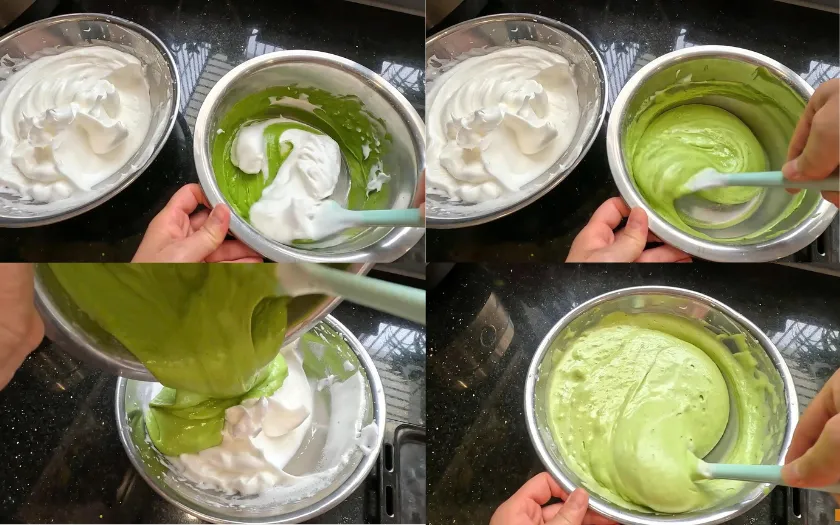 Hỗn hợp lòng trắng và lòng đỏ được trộn nhẹ tay theo một chiều