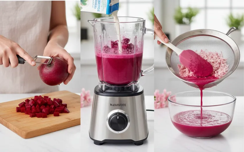 Củ dền tươi được xay nhuyễn, lọc lấy nước màu hồng đỏ tự nhiên