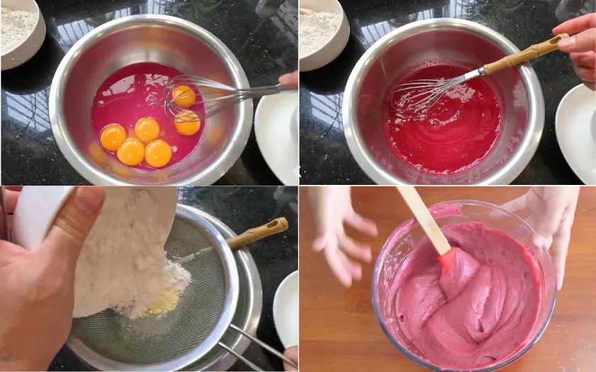 Lòng đỏ trứng trộn với sữa, dầu ăn, nước củ dền và bột mì tạo hỗn hợp hồng mịn