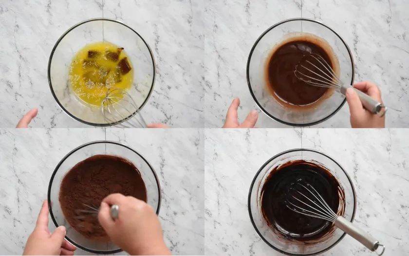 Trộn bơ, socola và bột ca cao làm hỗn hợp bánh Cupcake Chocolate