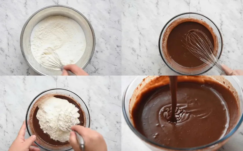 Trộn bột Cupcake Chocolate, kết hợp nguyên liệu khô và ướt đến khi mịn đều