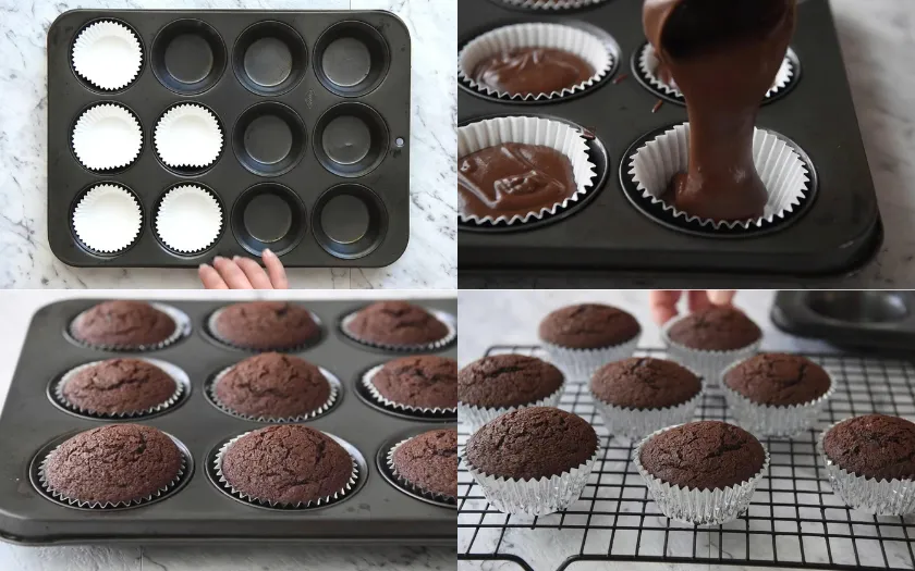 Đổ bột vào khuôn cupcake, nướng ở 180°C cho bánh nở đều, mềm xốp, vàng thơm hấp dẫn