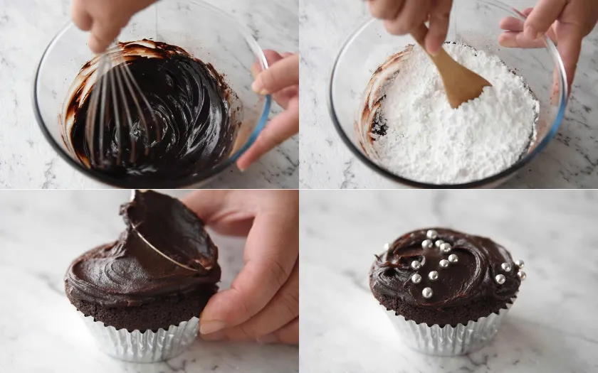 Phết kem socola fudge lên bánh Cupcake Chocolate để trang trí