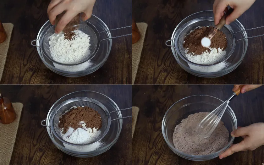 Trộn đều hỗn hợp bột mì, bột ca cao, bột nở để làm bánh