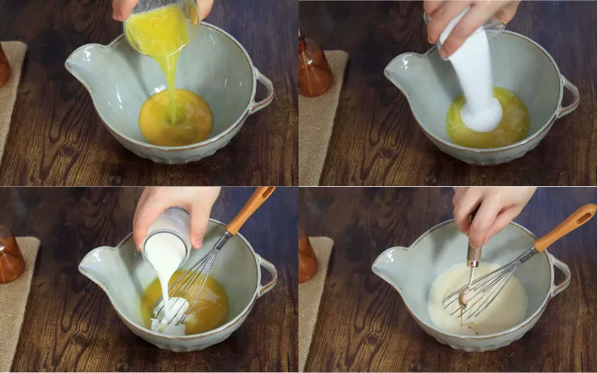 Hỗn hợp trứng, đường, bơ và sữa làm nền bánh ẩm mịn và thơm nhẹ hương vani cho bánh