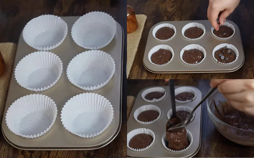 Đổ 3/4 bánh vào mỗi khuôn để bánh được nở đều, đẹp 