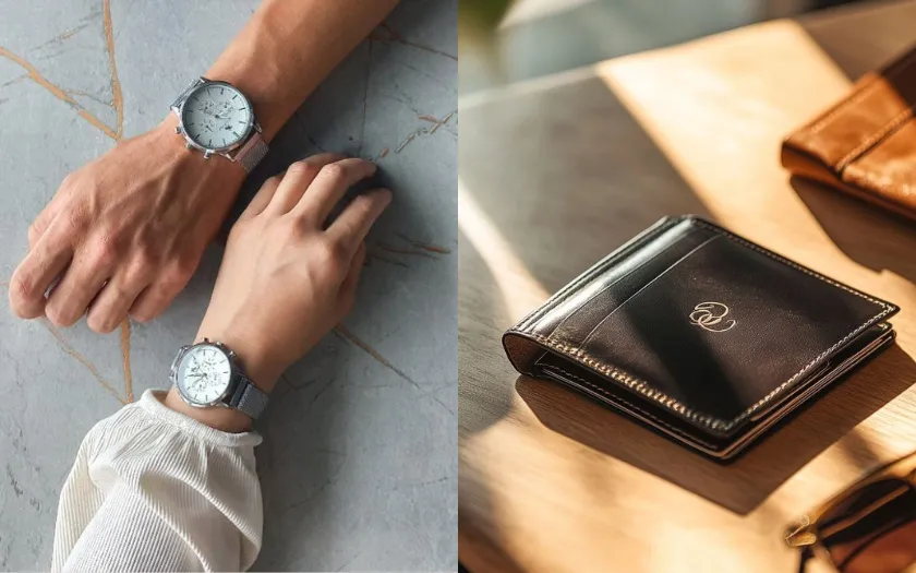 Đồng hồ đôi và ví da khắc tên ý nghĩa, thể hiện sự gắn kết và quan tâm