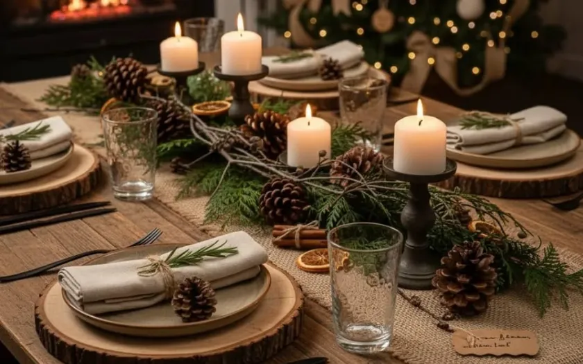 Lá thông, quả thông, nhành tùng và dây gai tạo nên một bàn tiệc mang hơi thở thiên nhiên