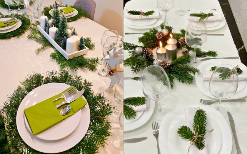 Lá thông tươi được rải quanh bàn mang lại sự thanh nhã và mùi hương dễ chịu