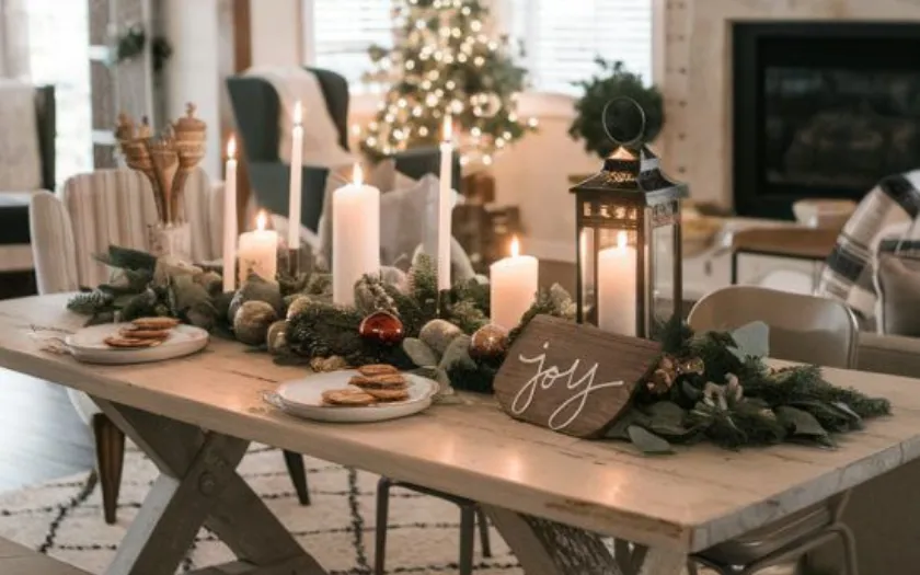 Bàn tiệc Giáng Sinh phong cách Rustic với các vật dụng mang màu sắc trầm ấm, mộc mạc