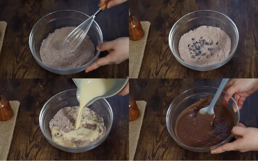 Hỗn hợp ướt và khô được trộn nhẹ tay đến khi vừa hòa quyện