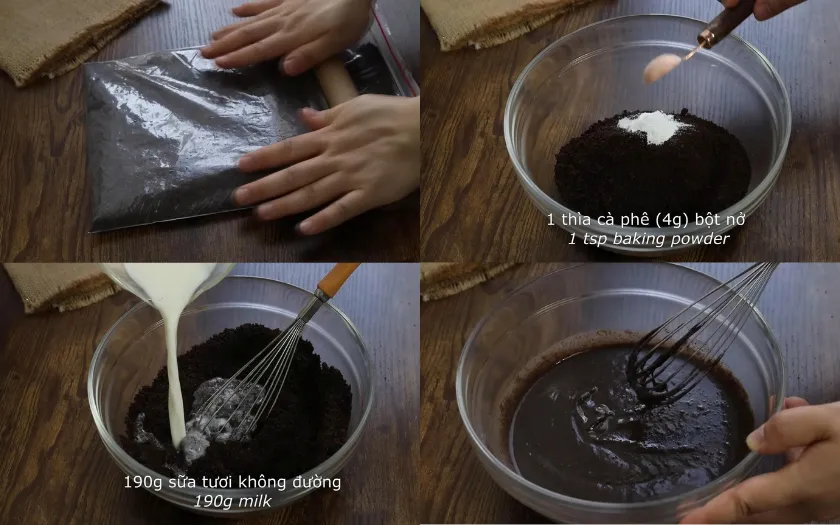 Oreo nghiền vụn trộn cùng bột nở và sữa tươi tạo hỗn hợp bột cupcake