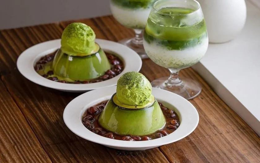 Pudding matcha kết hợp đậu đỏ và kem matcha