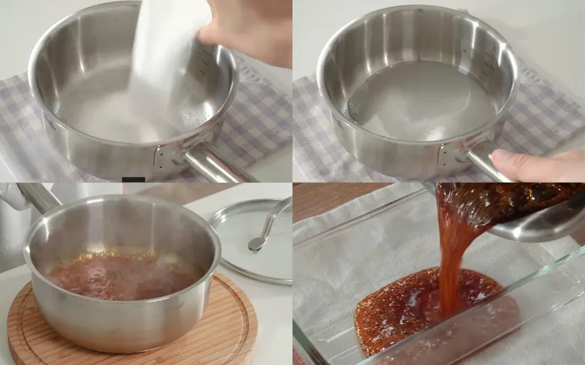 Đun đường với nước đến màu nâu cánh gián rồi đổ vào khay để nguội tạo lớp caramel 
