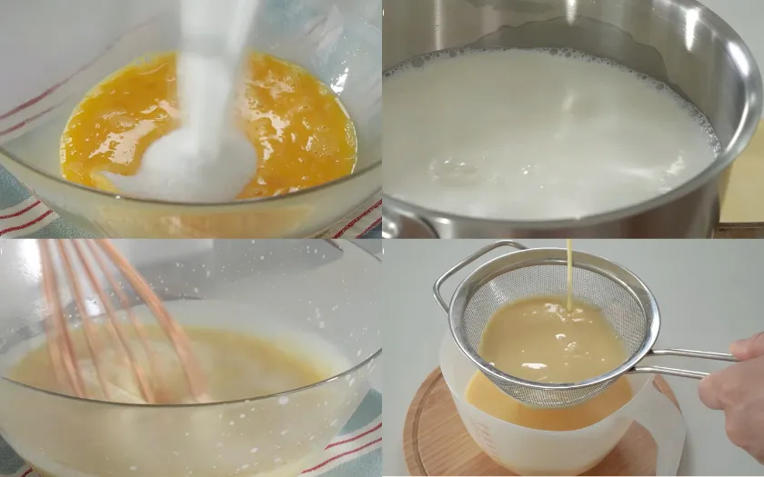  Đánh trứng với đường, đun sữa và kem tươi rồi trộn chung