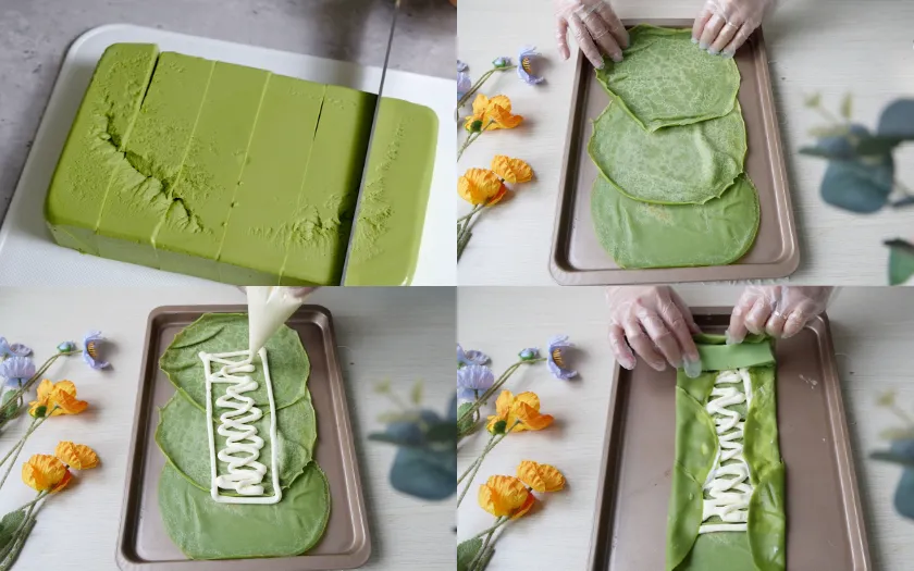 Bước 4: Xếp từng phần vào với nhau để tạo ra chiếc crepe matcha pudding