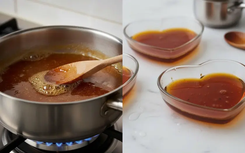 Để làm đường caramen đạt, cần đun đường ở lửa vừa cho đến khi tan hoàn toàn rồi chuyển sang màu nâu hổ phách