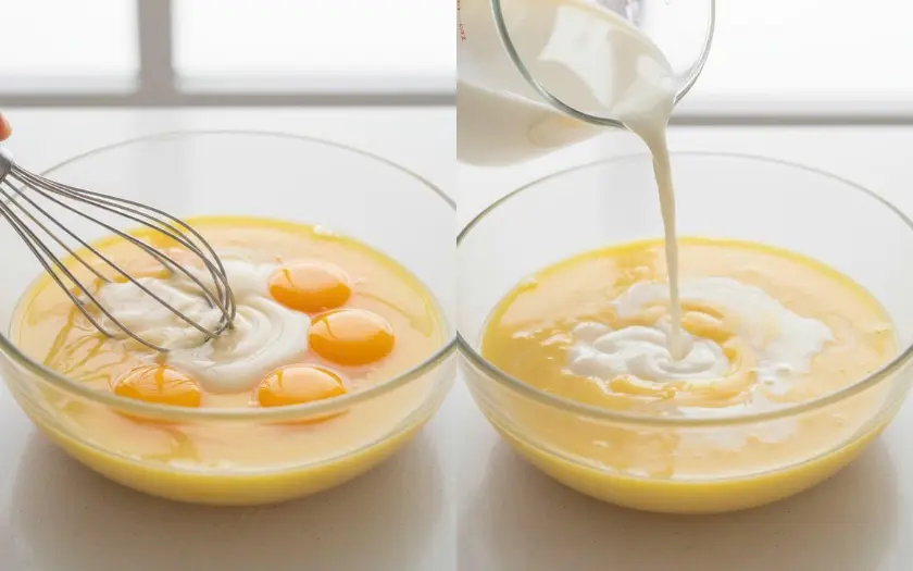 Nên dùng phới lồng để khuấy đều tay, đặc biệt là khi cho sữa vào hỗn hợp giúp hỗn hợp mịn màng hơn.