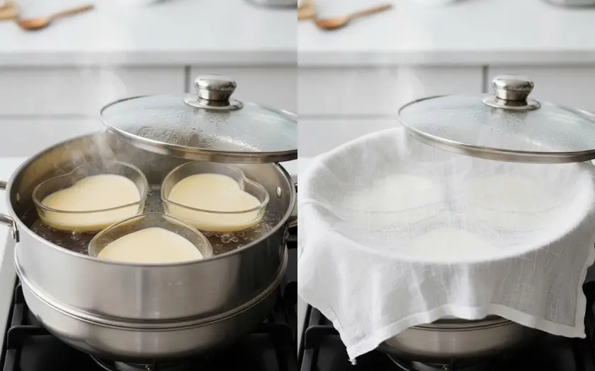 Dùng khăn vải màn mỏng đậy kín miệng khuôn pudding để tránh nước ngưng tụ nhỏ giọt làm bánh bị rỗ mặt.