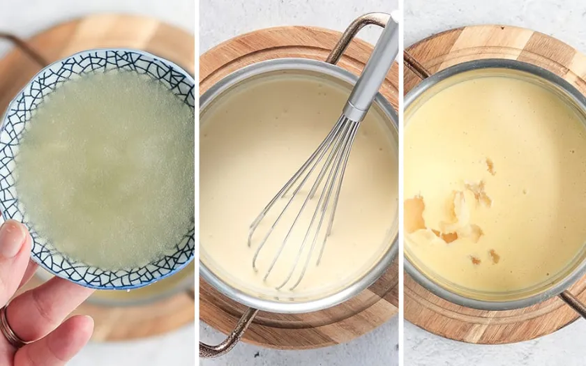 Ngâm gelatin, nấu hỗn hợp sữa trứng, khuấy tan gelatin rồi rót vào khuôn làm pudding