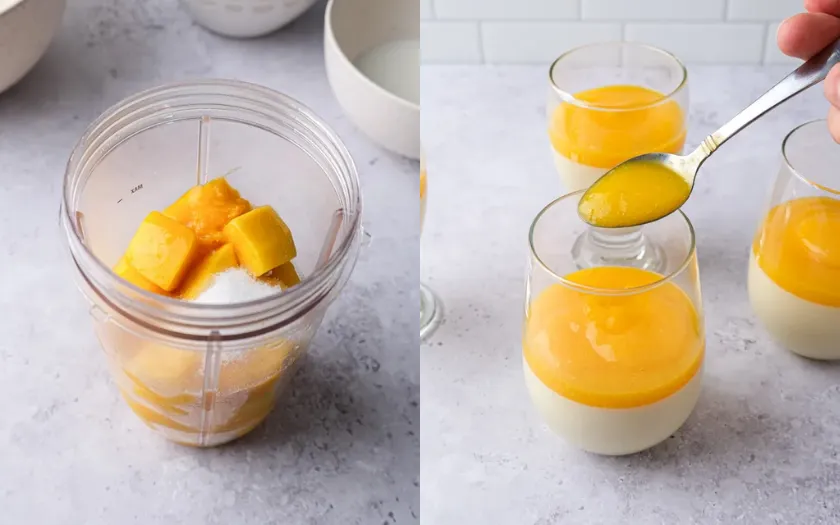 Xay nhuyễn xoài chín cùng đường cho dậy mùi, trộn với gelatin rồi rót nhẹ lên lớp sữa 