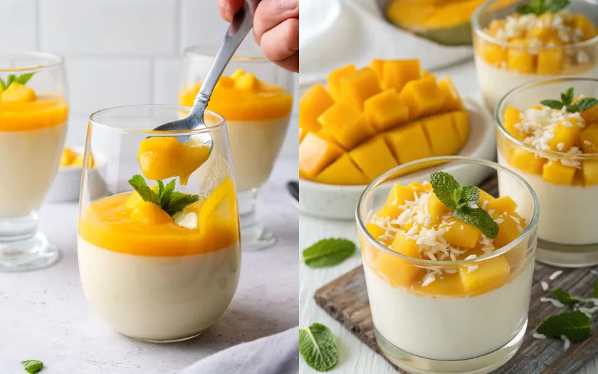 Trang trí pudding với xoài tươi kem và lá bạc hà hoặc úp khuôn ra đĩa thưởng thức 