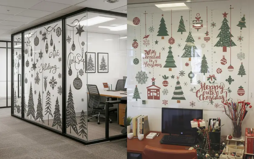 Dùng Decal truyền thống trang trí là cách tối ưu chi phí hiệu quả mà vẫn mang không khí Giáng sinh đến văn phòng