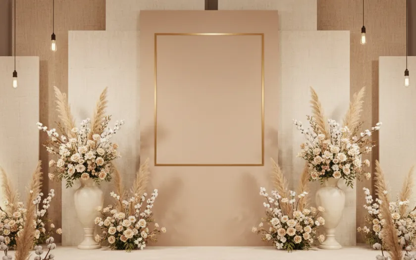 Sự kết hợp giữa tông màu be ấm áp và cỏ lau tự nhiên mang đến vẻ đẹp thanh lịch, nhẹ nhàng