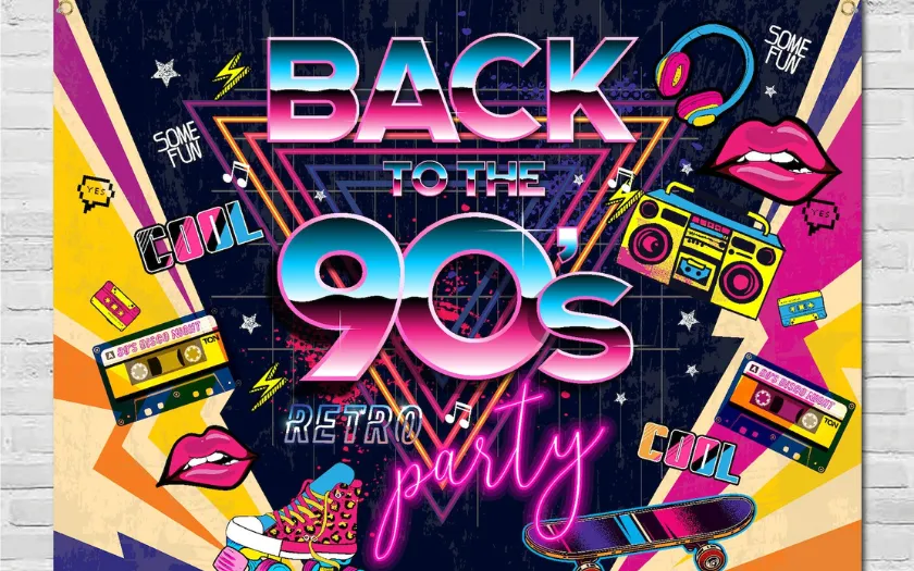 Phong cách Retro 90's với các hình khối bất đối xứng và màu sắc neon sẽ biến buổi tiệc tất niên thành một không gian disco