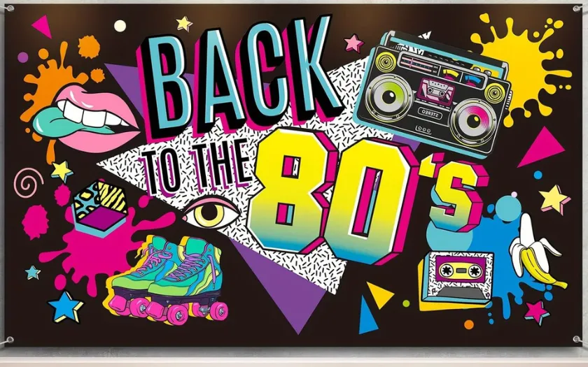 Thiết kế phông nền YEP chủ đề Back to the 80's với hình ảnh máy radio cassette, giày trượt patin và băng nhạc hoài cổ