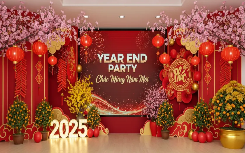 Trang trí với concept Tết cổ truyền với sắc đào thắm và mai vàng 