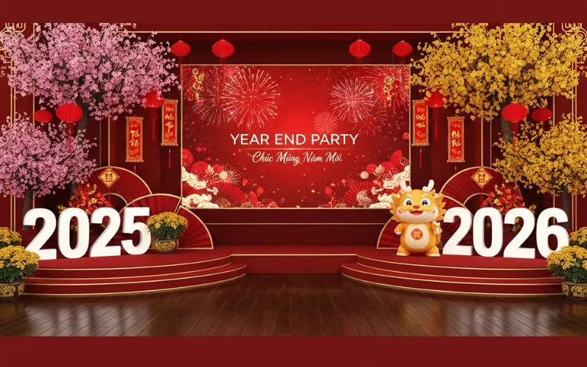 Không gian sân khấu rực rỡ với sắc đỏ tài lộc, hoa mai và hoa đào