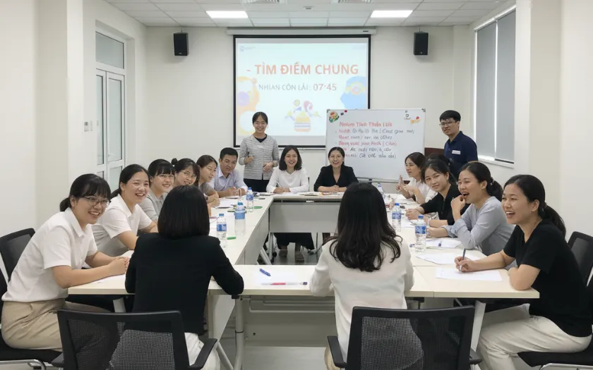 Nhóm đồng nghiệp hào hứng chia sẻ sở thích cá nhân trong trò chơi Tìm điểm chung 