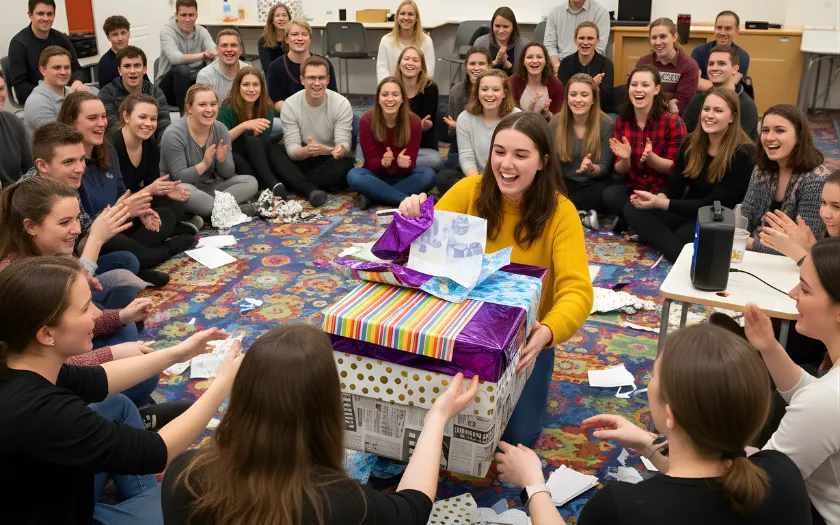 Nhân viên vui vẻ ngồi vòng tròn chơi trò bóc phăng quà tặng với nhiều lớp giấy gói