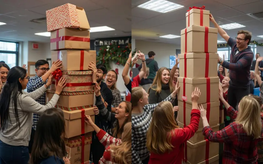 Bạn có thể linh hoạt dùng đồ vật trang trí, kẹo gậy, hộp quà hoặc cốc nhựa để tạo hình kim tự tháp theo chủ đề Giáng sinh