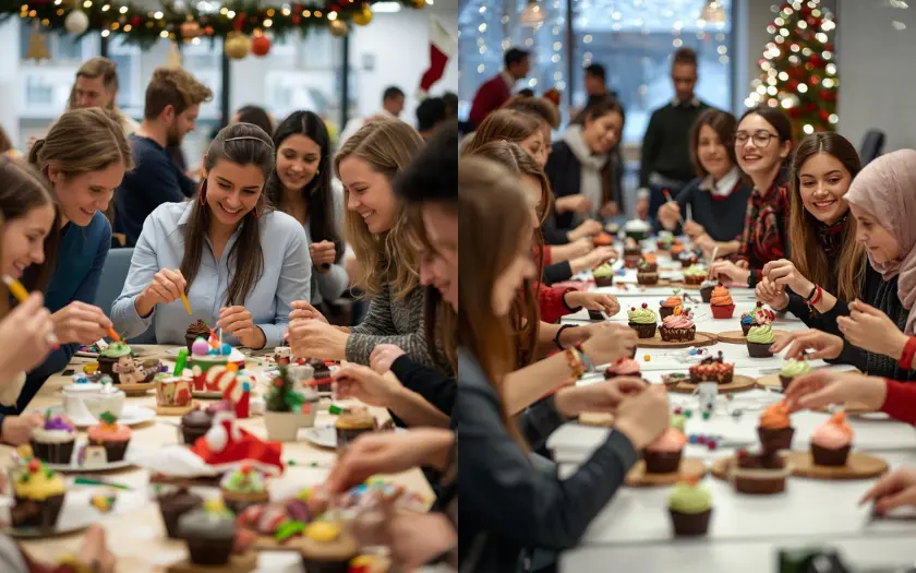 Đây là hoạt động trang trí bánh cupcake theo chủ đề Giáng sinh sáng tạo với các nguyên liệu có sẵn (kem, kẹo, hạt, phụ kiện) để tạo ra những chiếc bánh xinh đẹp nhất