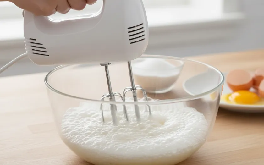 Lòng trắng trứng được đánh bông để chuẩn bị làm bánh kem Giáng sinh 