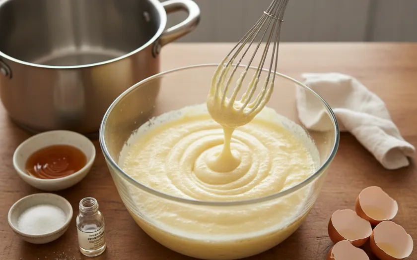 Hỗn hợp lòng đỏ với bột được khuấy đều 