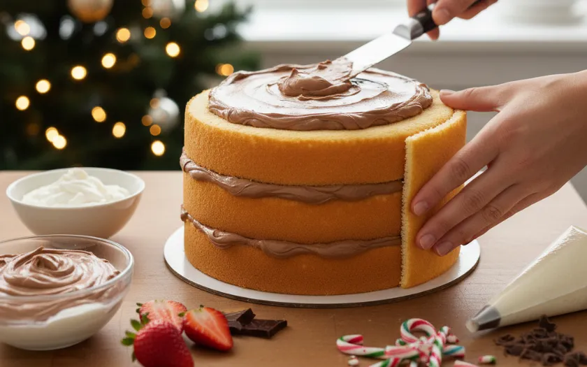 Phết lớp kem socola để hoàn thiện bánh 