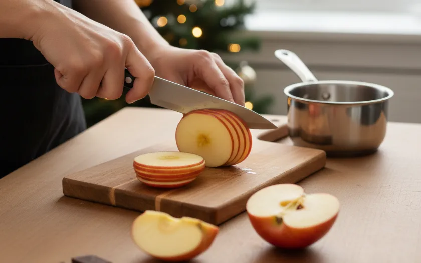 Cắt táo thành từng miếng để làm bánh táo Giáng sinh 
