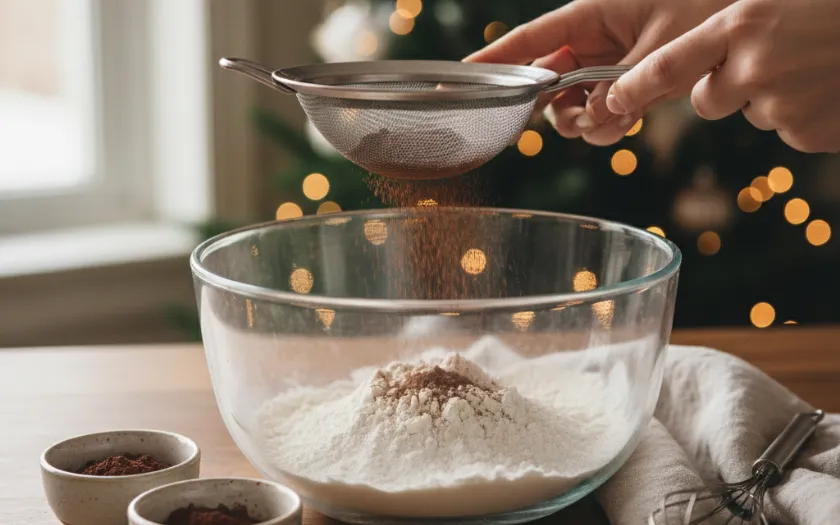 Trộn bột khô để làm bánh khúc cây Giáng sinh