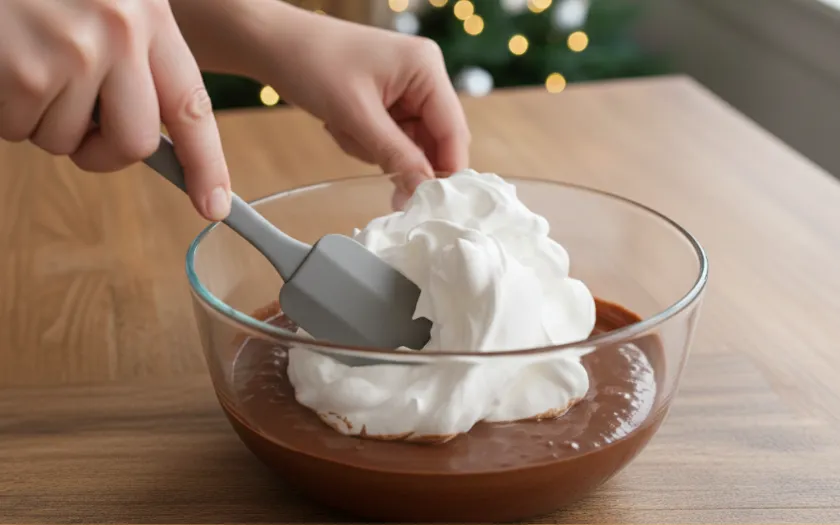 Trộn hỗn hợp lòng trắng trứng đã bông xốp với hỗn hợp socola