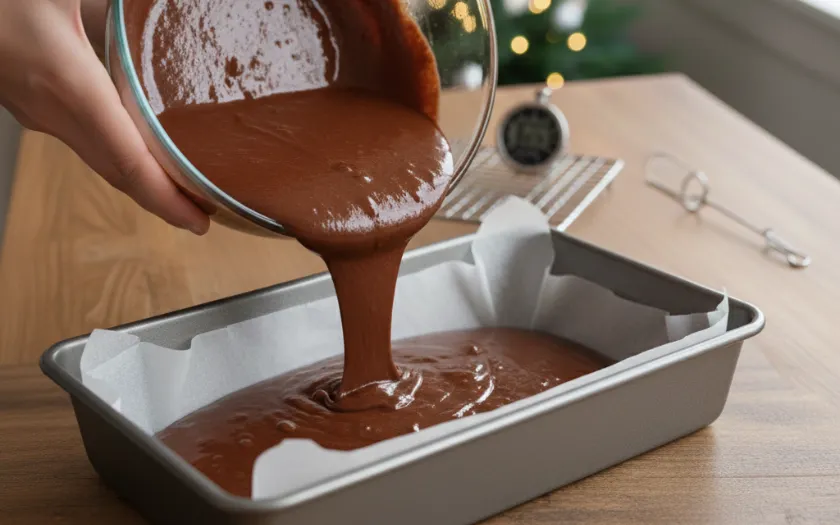 Đổ hỗn hợp sau khi đã khuấy đều vào khuôn để chuẩn bị nướng