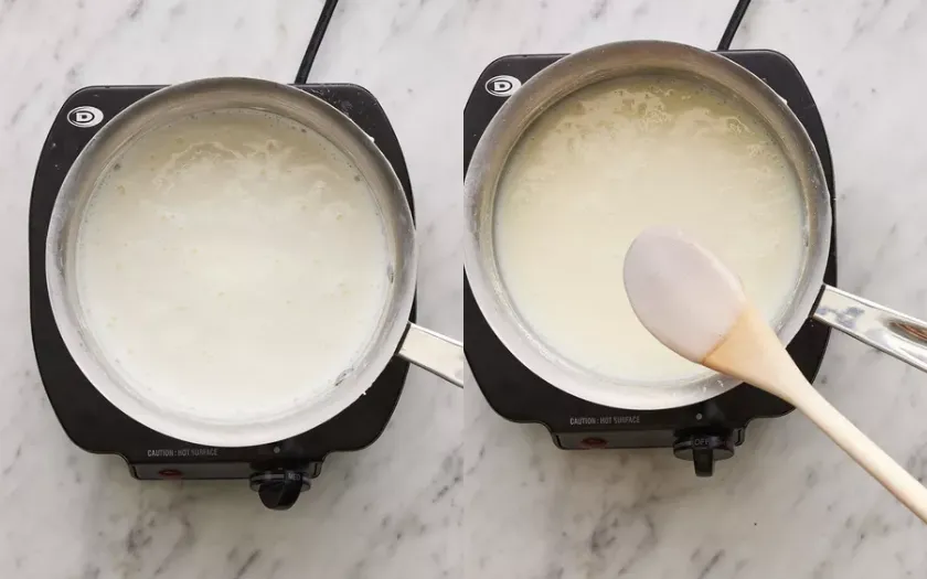 Đun hỗn hợp sữa-gelatin rồi để nguội ở nhiệt độ phòng