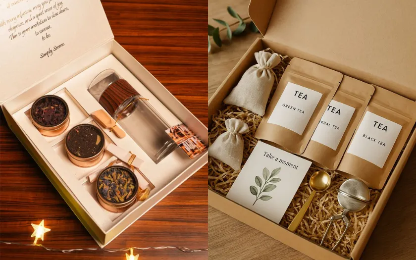 Bộ sản phẩm Tân Niên trà cao cấp được đóng gói đẹp mắt, sẵn sàng đem biếu tặng