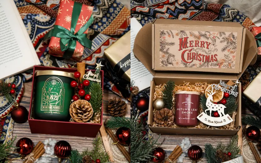 Mile là địa chỉ tặng quà Noel ý nghĩa, nổi bật với nến thơm, tinh dầu cao cấp, sổ da khắc laser, bút gỗ, và đèn tinh dầu sáng tạo